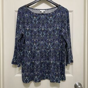 J.Jill Casual Top‎ Ornate Floral Blue Turquoise Boho 3/4 Sleeve Peplum Medium